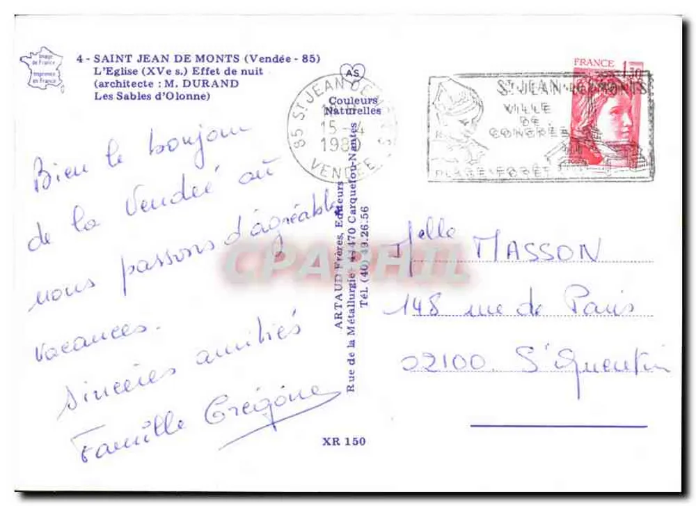 Igreja de Saint-Jean-de-Monts — Efeito de noite — Artaud Frères, n° XR 150 - Verso