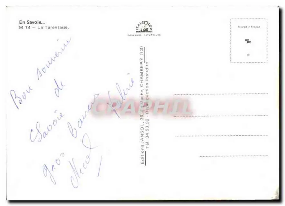 ला टारेंटेज़ — पर्यटक पोस्टकार्ड — एडिशन जांसोल, शैम्बेरी - पीछे