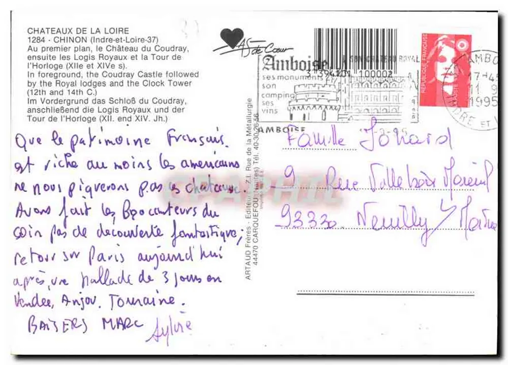 Chinon — Schloss Coudray und Turm der Uhr — Artaud Frères - Rückseite