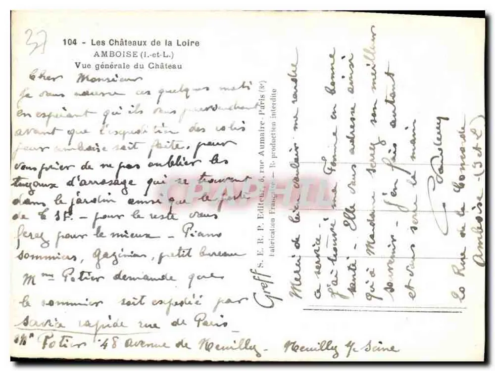 Amboise — Vista geral do Castelo — S.E.P. Editor, Paris - Verso