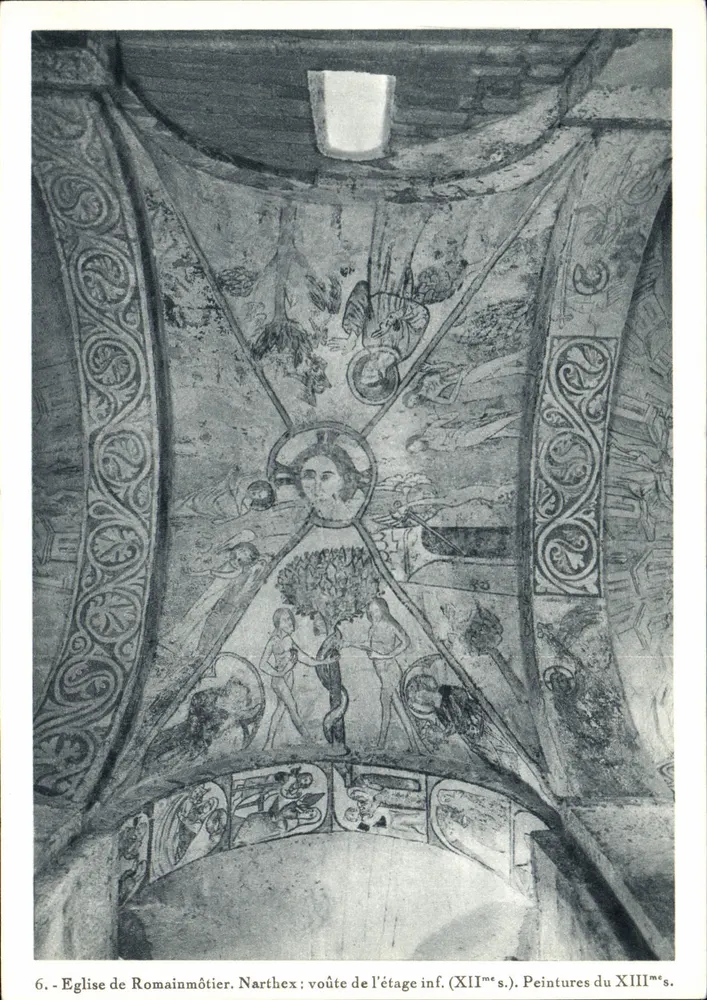Kirche von Romainmôtier — Narthex, Gewölbe der unteren Ebene (12. Jh.), Malereien aus dem 13. Jh. - Vorderseite