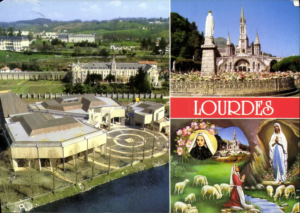 Lourdes — Basilika und Erscheinung der Jungfrau — Verlag A. Doucet, pl. Peyronnelle-Lourdes - Vorderseite