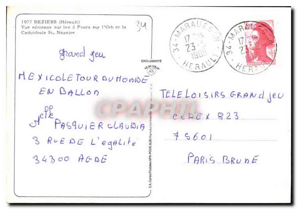 Béziers — Luftbild der 3 Brücken über den Orb und die Kathedrale — S.A. Cartes Postales 4994 - Rückseite