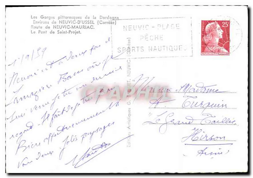 Die malerischen Schluchten der Dordogne — Umgebung von NEUVIC-D'USSEL (Corrèze) — Die Brücke von Saint-Projet — Verlag Artificiels G. BAGUET, NEUVIC-PLACE - Rückseite