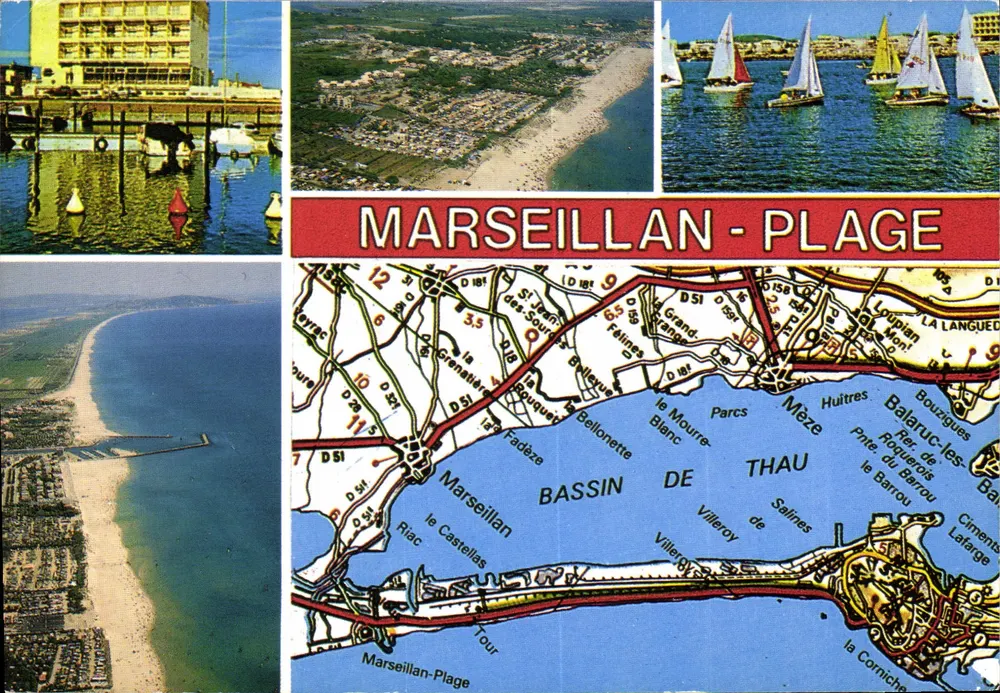 Marseillean-Plage — vista aérea, praia, veleiros, carta — edições de France - Frente