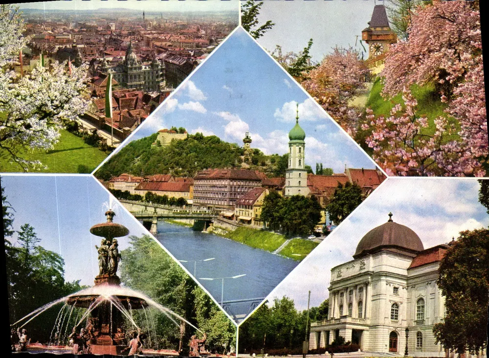 Graz — Panoramablick, Schlossberg, Stadtbrunnen, Oper — unbekannter Verlag, Seriennummer nicht sichtbar - Vorderseite
