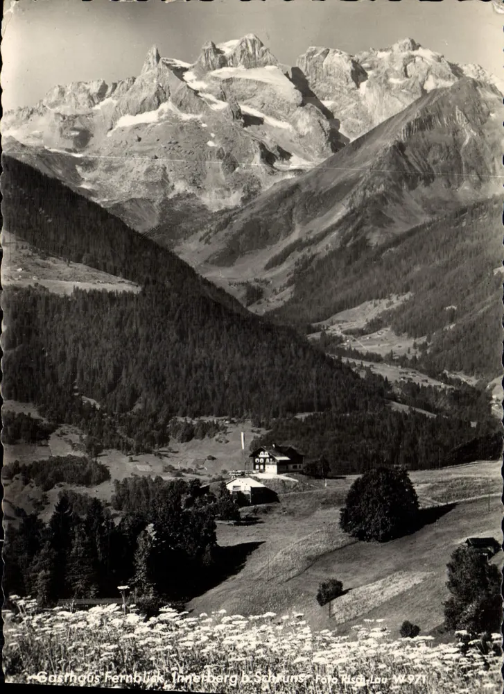 Gasthaus Fernblick, Innerberg perto de Schruns — vista panorâmica das Alpes — foto Risch-Lau W.971 - Frente