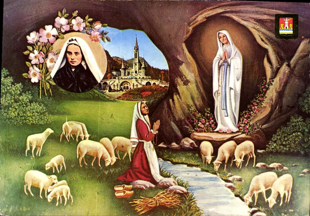 Lourdes — Aparição da Virgem Maria — Bilhete postal antigo n°109, editor DINO - Frente