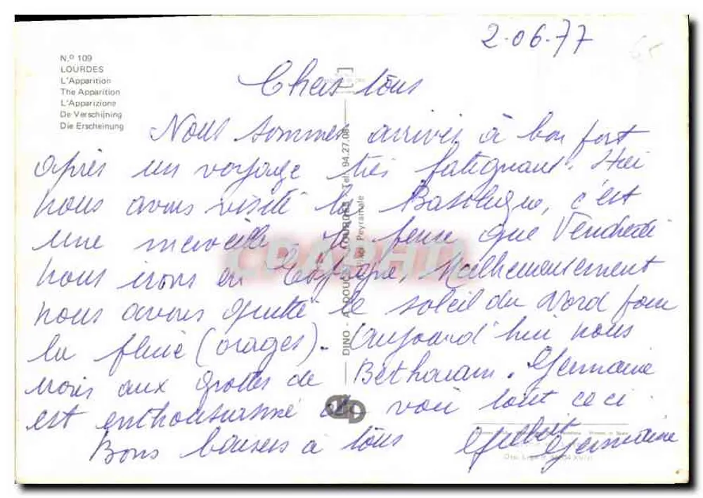 Lourdes — Aparição da Virgem Maria — Bilhete postal antigo n°109, editor DINO - Verso