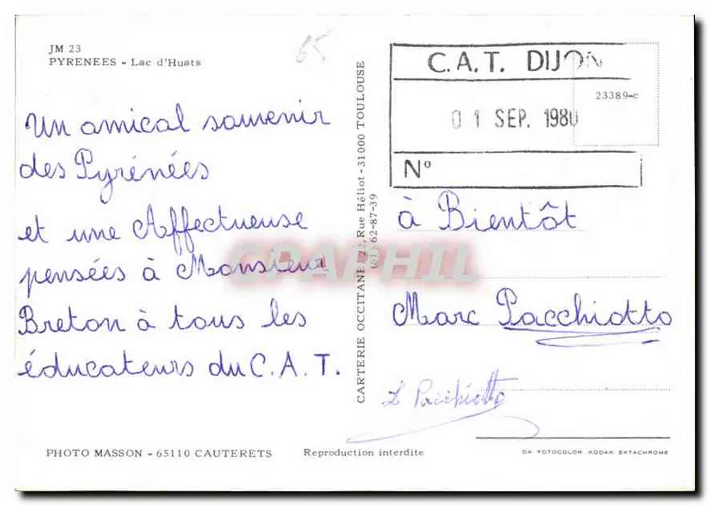 Lago de Huats — Pirineus — Carta postal JM 23, editada por Photo Masson, Cauterets - Verso