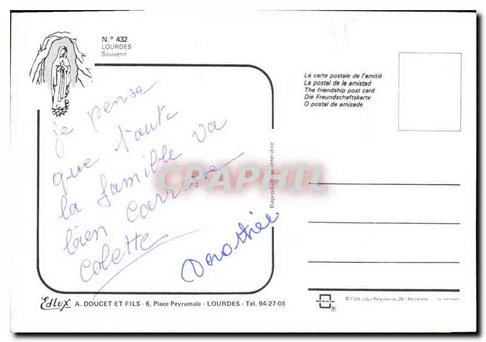 Lourdes — Lugar de peregrinação — Edlux A. Doucet e Fils, N° 432 - Verso
