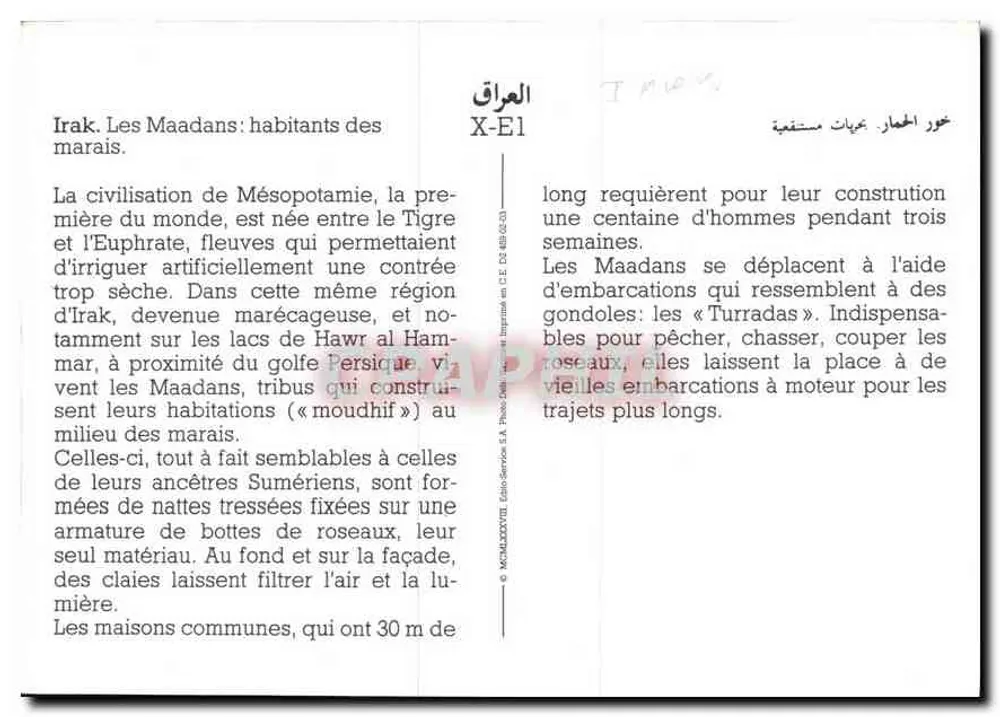 Irak. Los Maadanes: habitantes de los marismas — civilización mesopotámica — Éditions Service S.A. n° X-E1 - Reverso