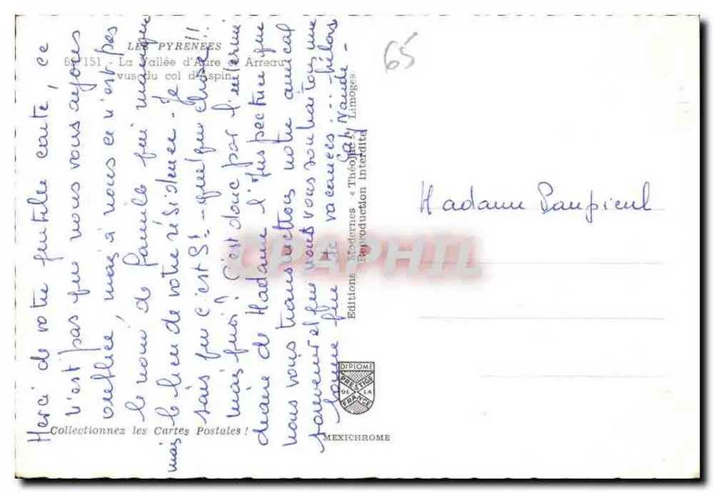 Tal der Aure - Arrecour - Ansicht des Aspin-Passes — Éditions Diplôme, Lipopges - Rückseite