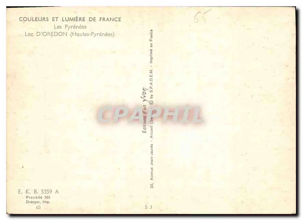 Lago de Oredon — Hautes-Pyrénées — Éditions d'Art Yvon - Verso