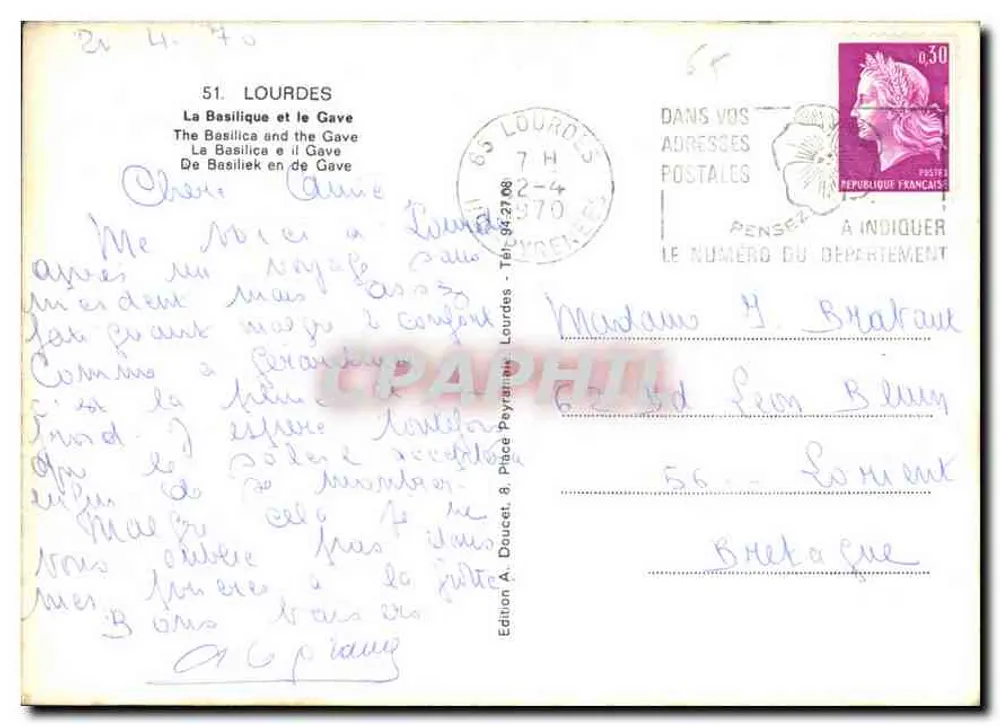 Lourdes — A Basílica e o Gave — Edição A. Doucet, n°51 - Verso