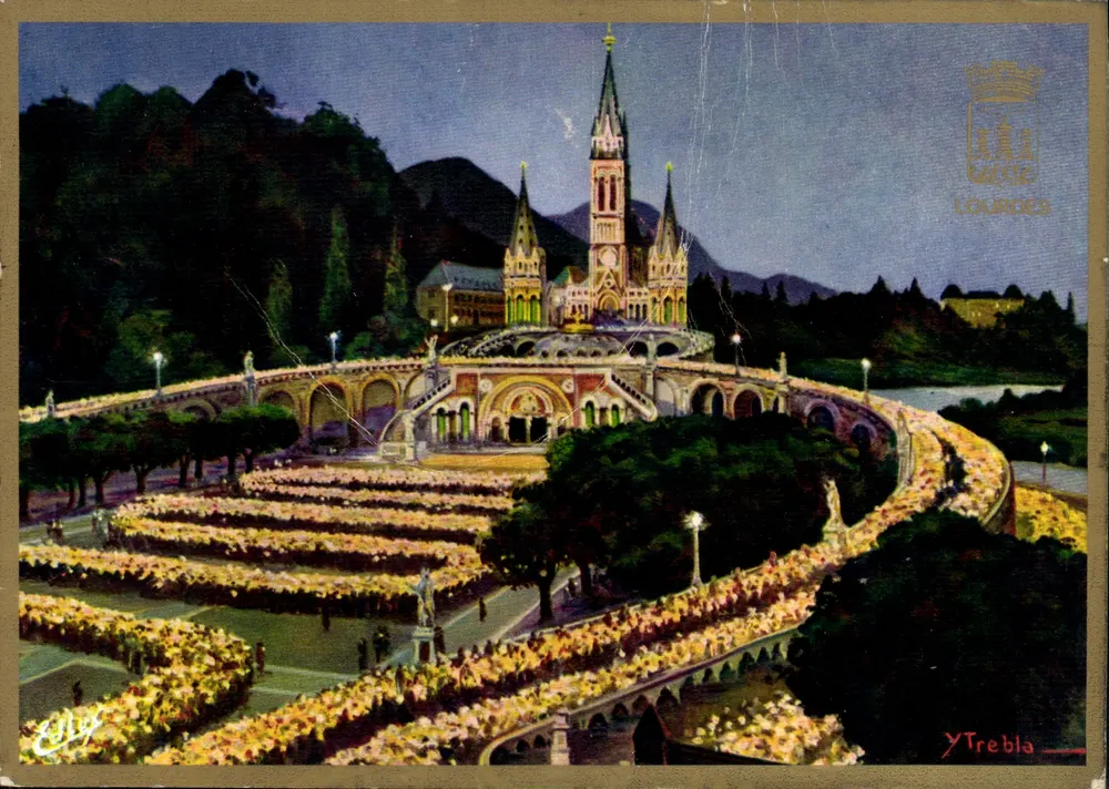 Lourdes — Beleuchtete Basilika und Fackelprozession — Ausgabe A. Doucet - Vorderseite