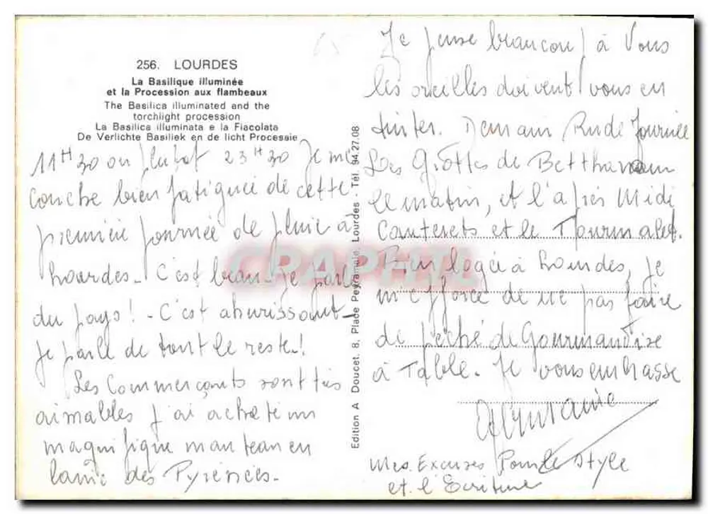 Lourdes — Beleuchtete Basilika und Fackelprozession — Ausgabe A. Doucet - Rückseite