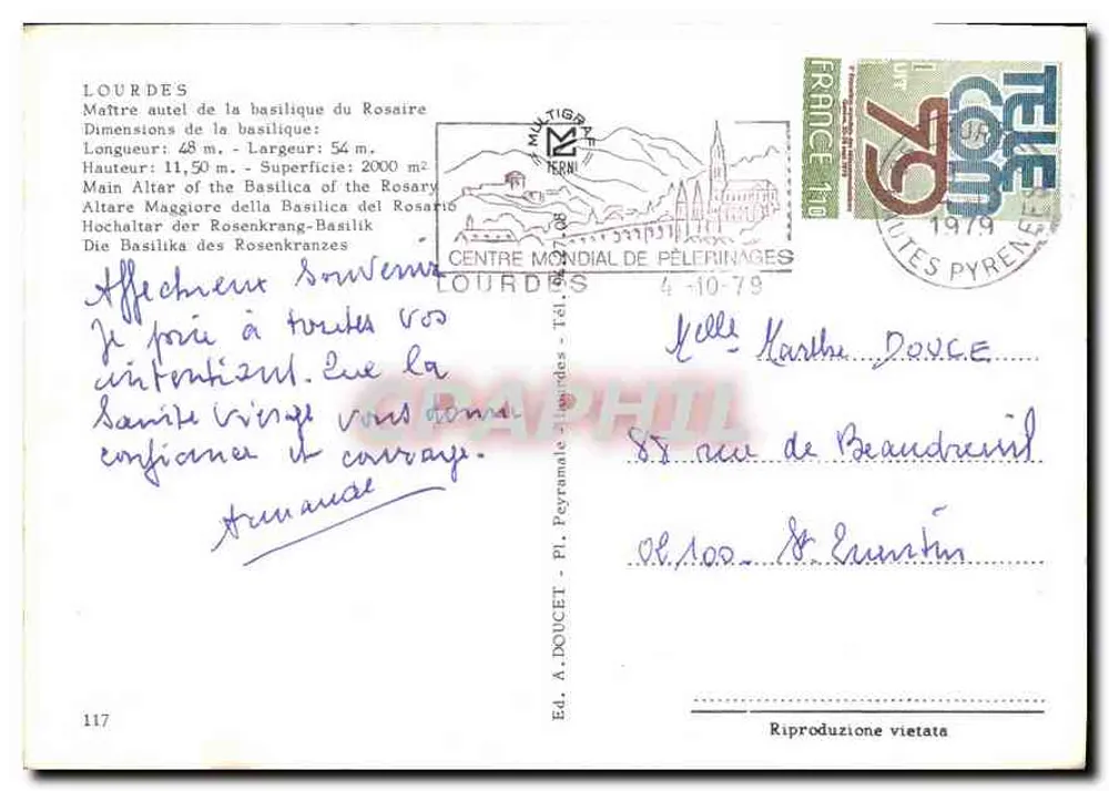 Innenansicht der Basilika des Rosenkranzes in Lourdes — Verlag Ed. A. DOUCET, Nr. 117 - Rückseite