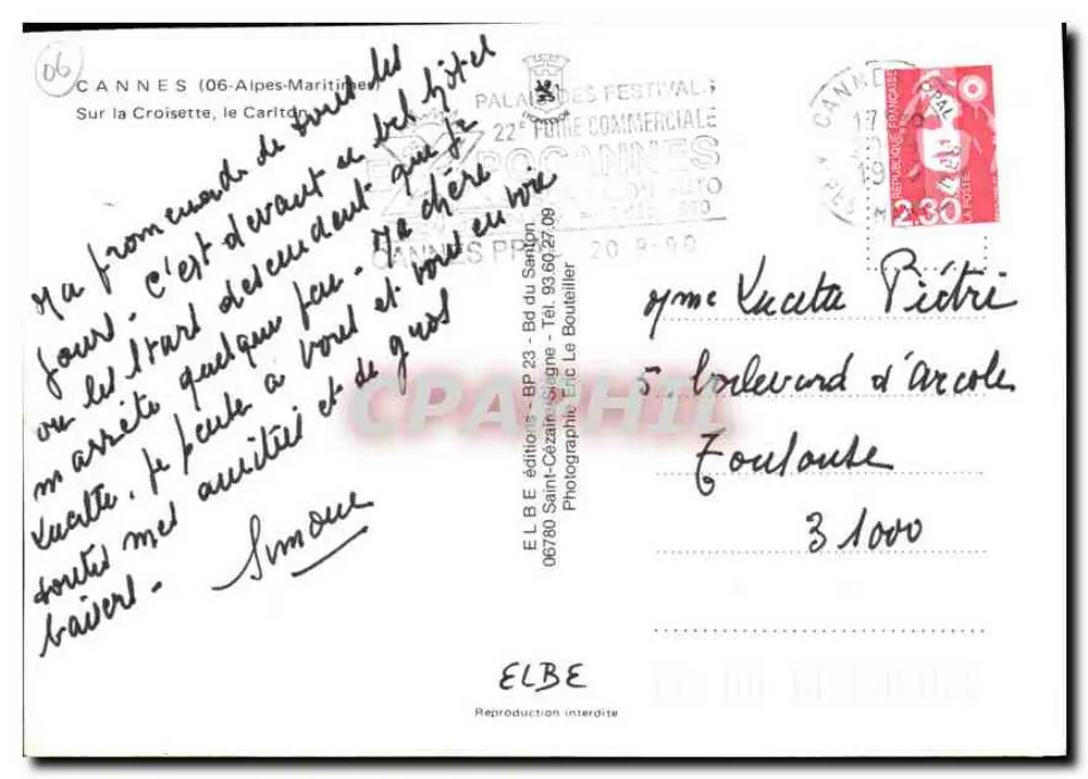 Hotel Carlton - Cannes — Verlag ELBE, n° 06780 - Rückseite