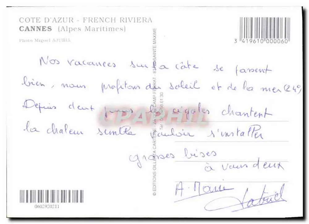 Cannes — Côte d'Azur, Riviera Francuska — Éditions Gilla Carte 341961000060 - Rewers