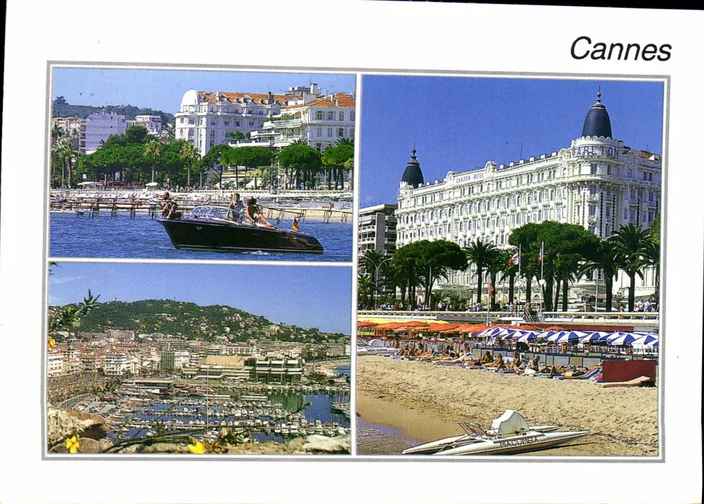 Cannes — vista da praia, do Hotel Carlton e do porto — editor Téma - Frente