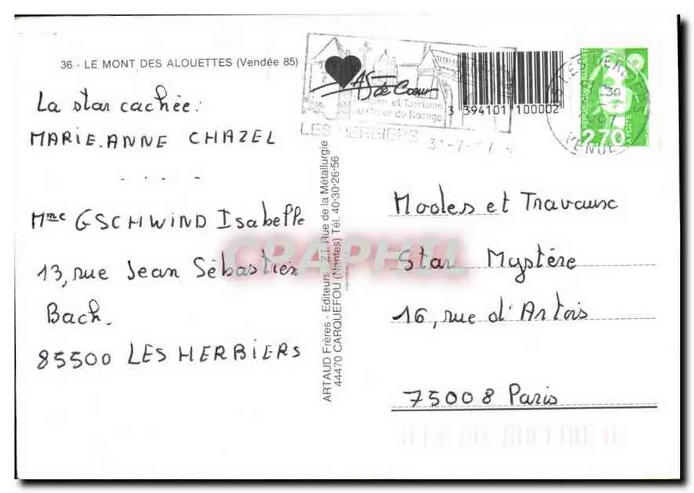 Der Berg der Lerchen — Ansicht mit Windmühlen und Kreuz — Verlag ARTAUD Frères, n° 394101 100002 - Rückseite