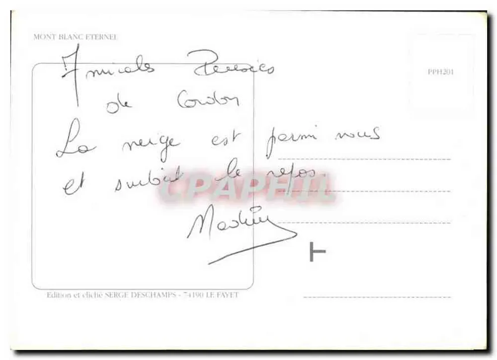 W kraju Mont Blanc — zimowy krajobraz z górami i sosnami — wydawnictwo Serge Deschamps, nr PPH1201 - Rewers