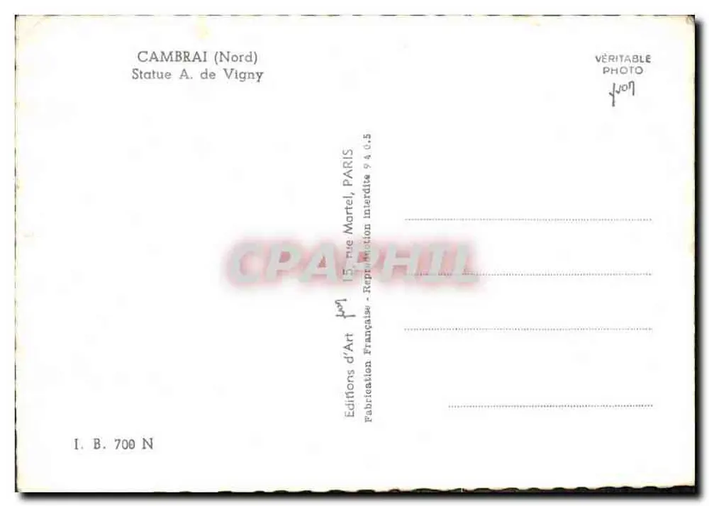 Cambrai (Nord) — Estátua de A. de Vigny — Éditions d'Art Martel, Paris - Verso