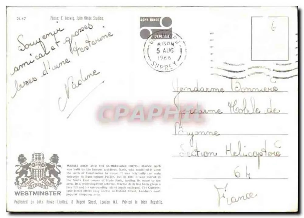 Arco de Mármore e o Hotel Cumberland — Londres — editor John Hinde Limited - Verso