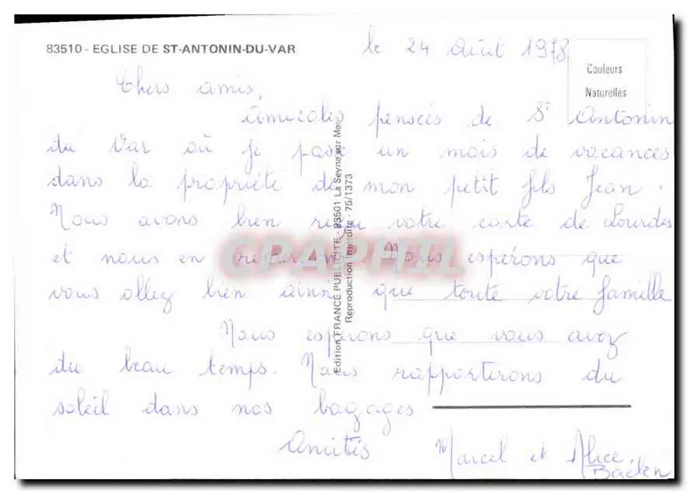 Igreja de Saint-Antonin-du-Var — reprodução da série 83510 — Edição France-Publiette - Verso