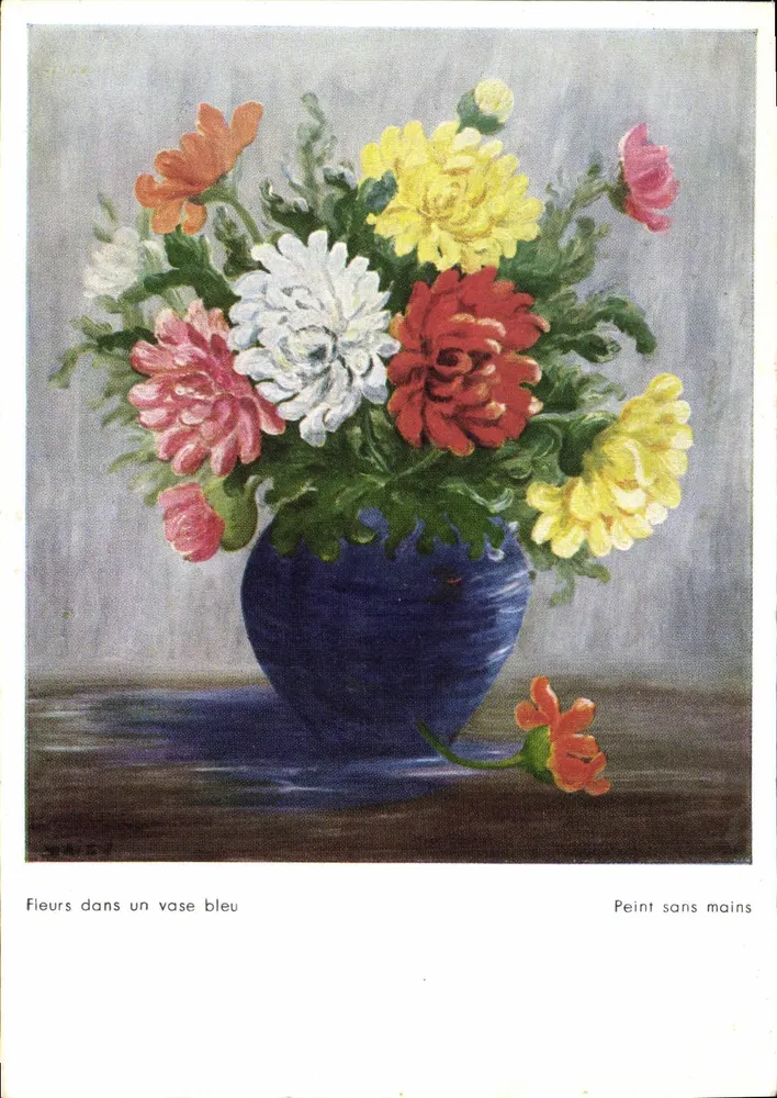 Blumen in einem blauen Vase — Gemalt ohne Hände — Editions des Artistes multiléman au moyen de la bouche et des pieds, Nr. F 1302 - Vorderseite