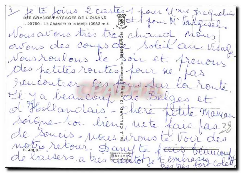 Le Chazelet — Ansicht des Mont Blanc — Verlag J. Cellard, Nr. B.4900 - Rückseite