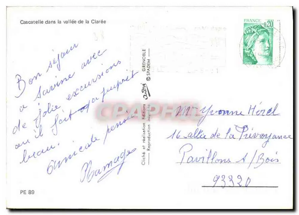 Cascatelle na vallée da Clarée — Edições Grenobloise SPADÈM, n° PE 89 - Verso