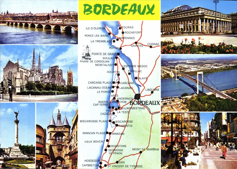 Bordeaux — cartão postal turístico com mapa rodoviário — Éditions Soubrier - Frente