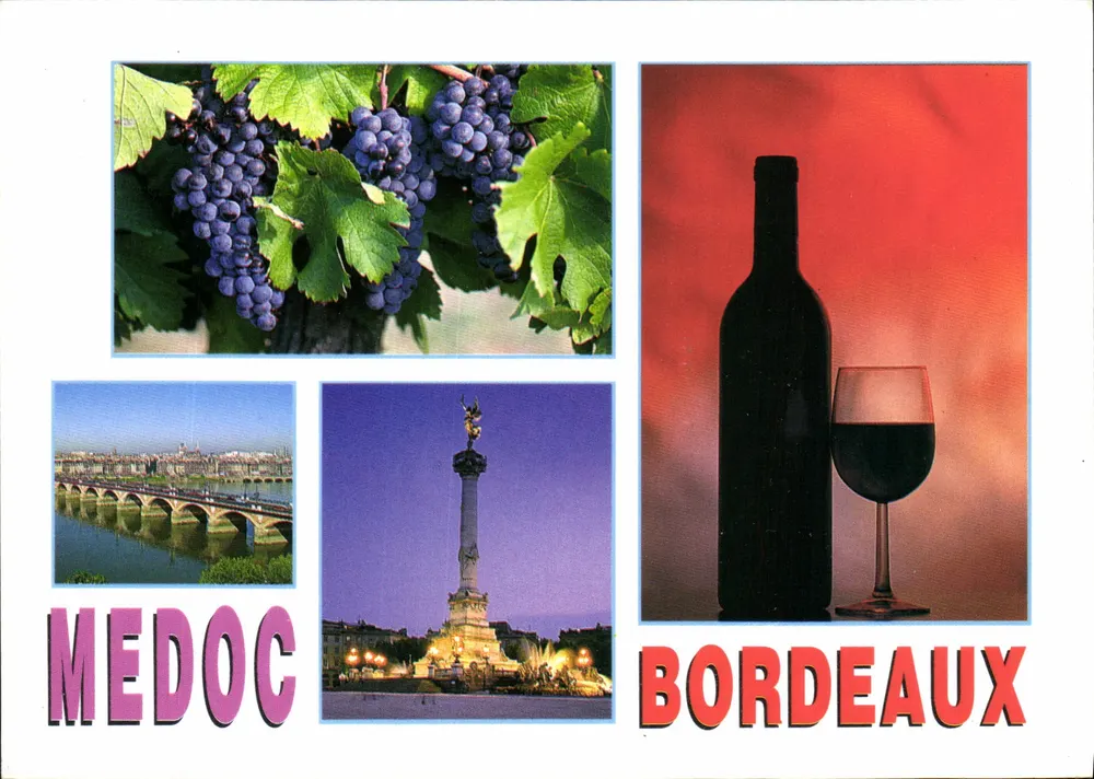 Médoc e Bordeaux — vinhedos, ponte, coluna, garrafa de vinho — Éditions Céphal - Frente