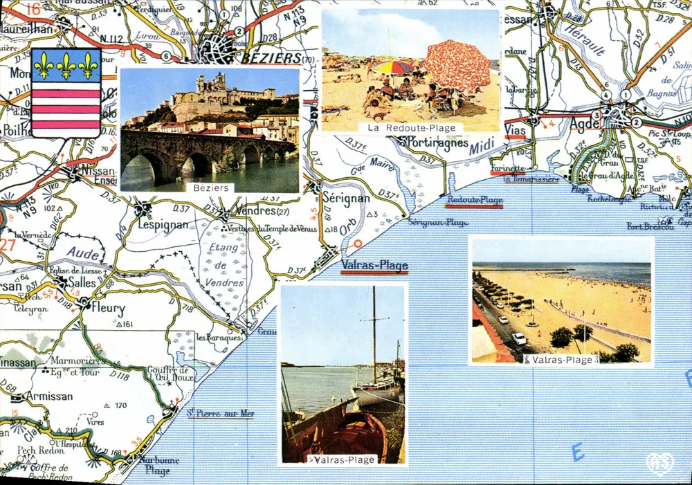 Béziers e suas praias — carta postal turística — Sociedade das Cartas Postais A.A. POUX - Frente