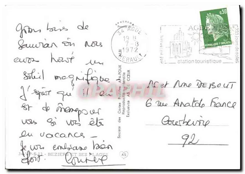 Béziers e suas praias — carta postal turística — Sociedade das Cartas Postais A.A. POUX - Verso