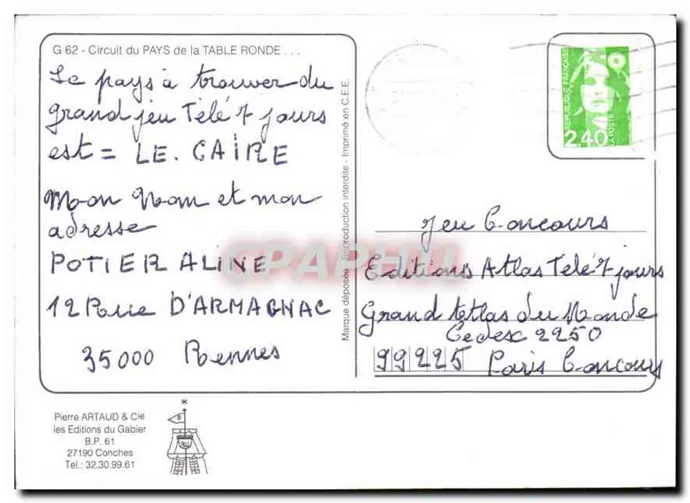 Pays de la Table Ronde — Carta postal ilustrada com mapa e vistas dos locais — Éditions Atlas Télé 7 Jours - Verso