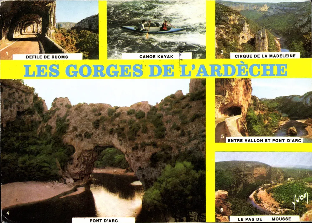 Die Schluchten der Ardèche — Schlucht von Ruoms, Kanu-Kajak, Cirque de la Madeleine, Pont d'Arc, zwischen Vallon und Pont d'Arc, Le Pas de Mousse — Editions Jean-Jaures & Ardèche - Vorderseite