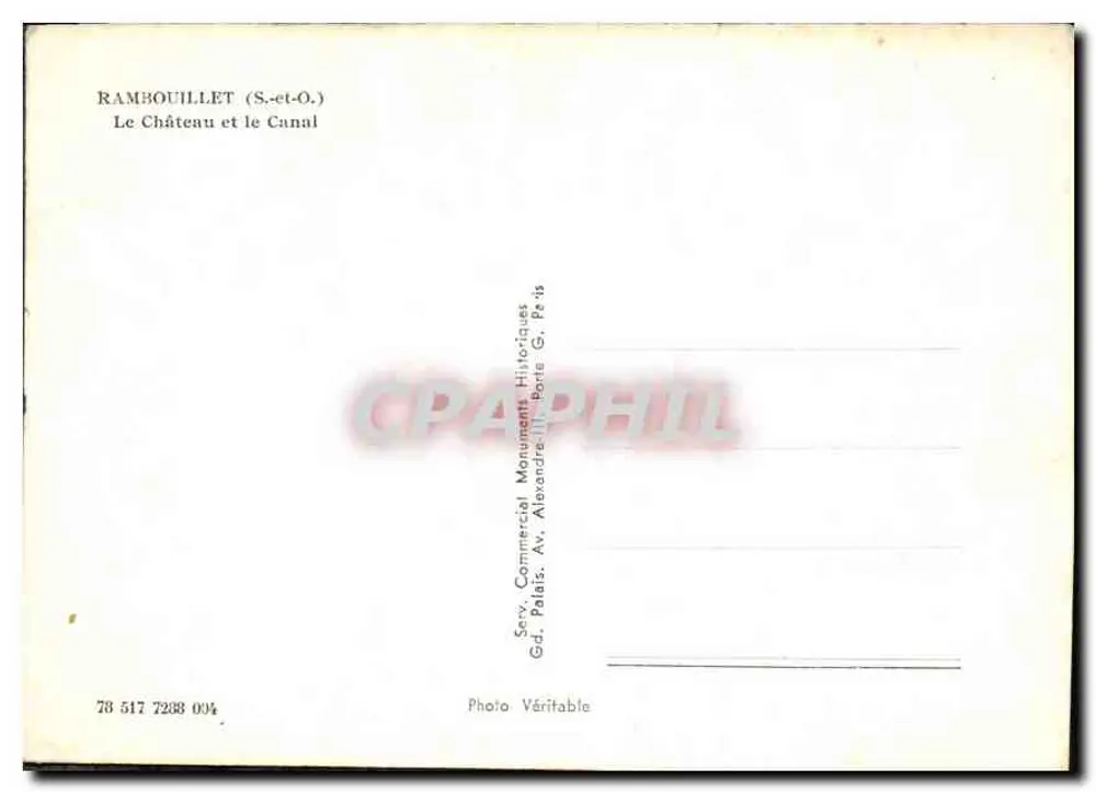 Rambouillet (S.-et-O.) — O Castelo e o Canal — Serv. Comercial Monuments Historiques, Gd. Palais, Av. Alexandre III, Paris - Verso