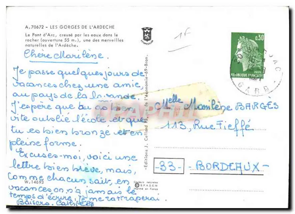 Die Schluchten der Ardèche — Pont d'Arc (Öffnung 55 m.) — Éditions J. Cellard, SPADÈM - Rückseite