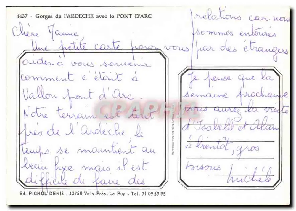 Gorges da Ardèche — Ponte d'Arc — Ed. PIGNOL DENIS n°4437 - Verso