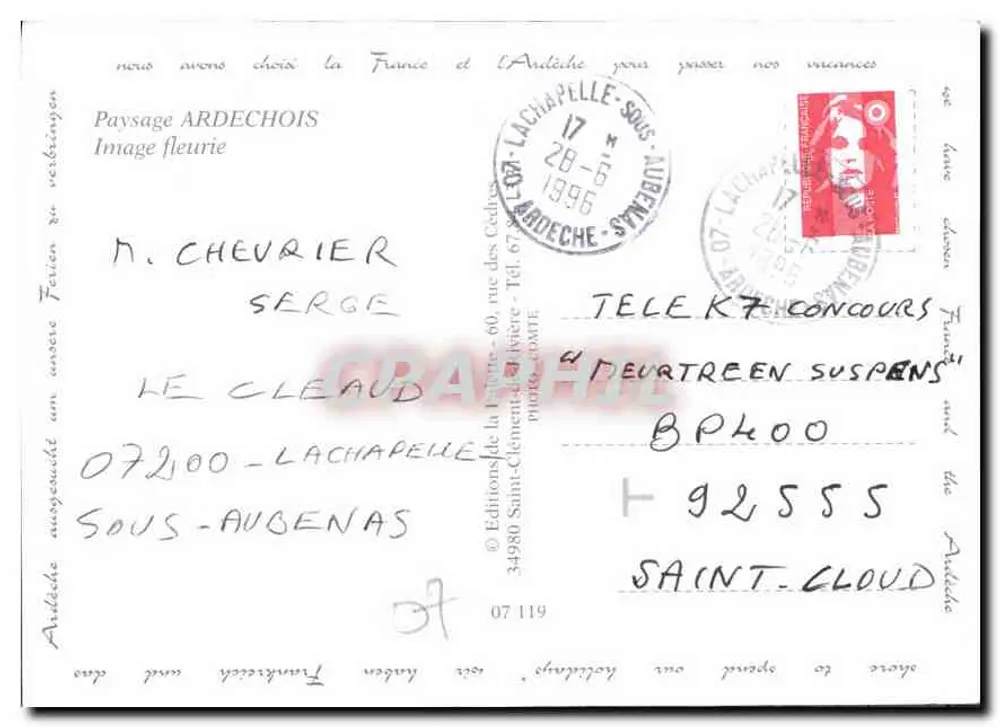 Paisagem Ardechoise — Imagem florida — Éditions de la Feuille, n° 07 119 - Verso