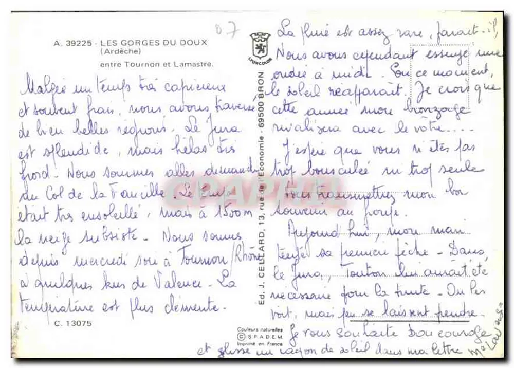 Les Gorges du Doux — zwischen Tournon und Lamastre — Éd. J. Celt, Ardèche - Rückseite