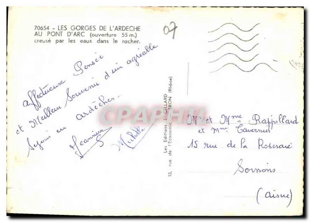 Die Schluchten der Ardèche — Pont d'Arc (Öffnung 55 m.) — Les Éditions L. Cellard, Bron (Rhône) n° 70654 - Rückseite