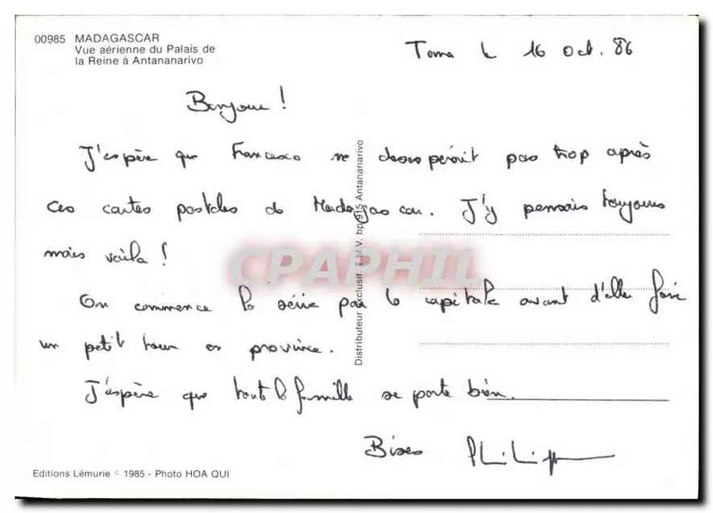 Madagascar — Luftbild des Palastes der Königin in Antananarivo — Editions Lémurie, n° 00985 - Rückseite
