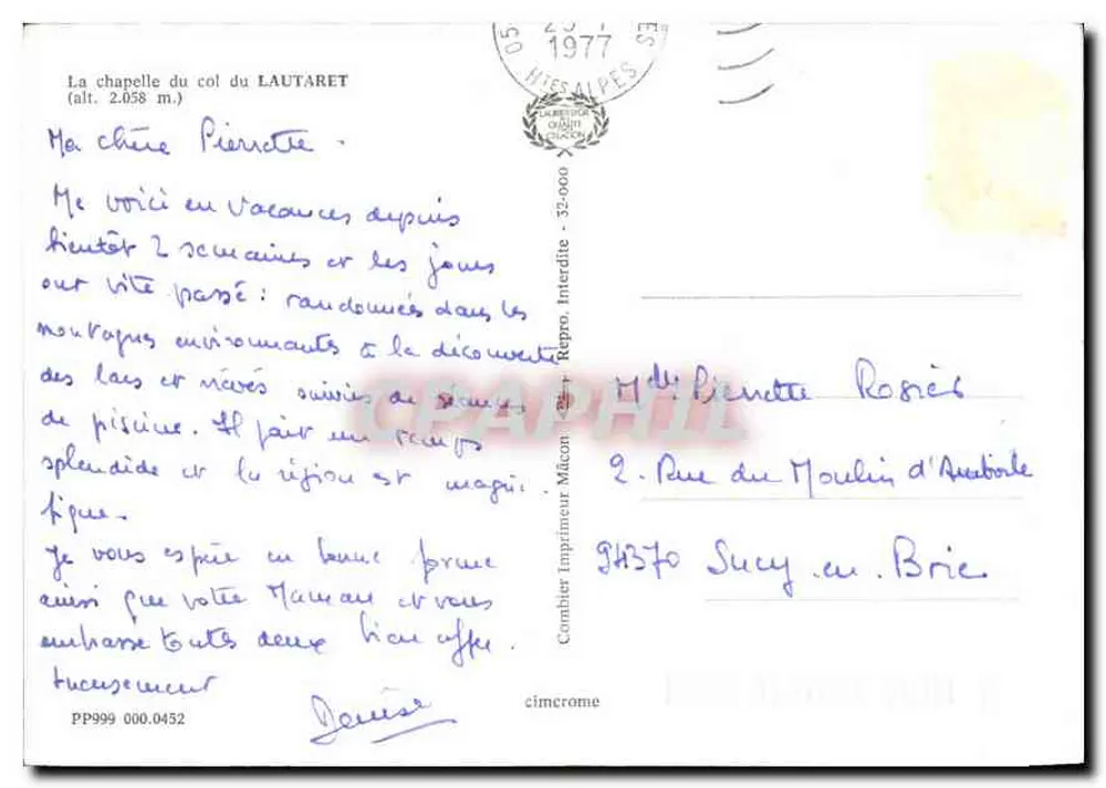 Kaplica na wzniesieniu Lautaret — (wys. 2.658 m.) — Combière Imprimeur Mâcon - Rewers