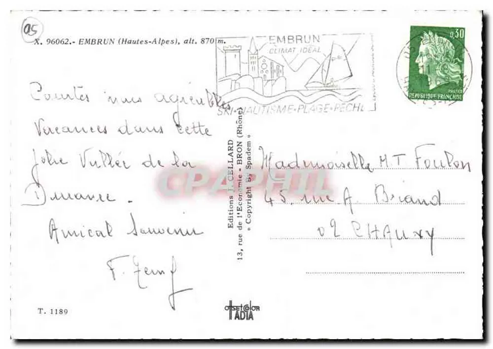 Embrun — vista panorâmica e praia — Edições M. Cellard - Verso