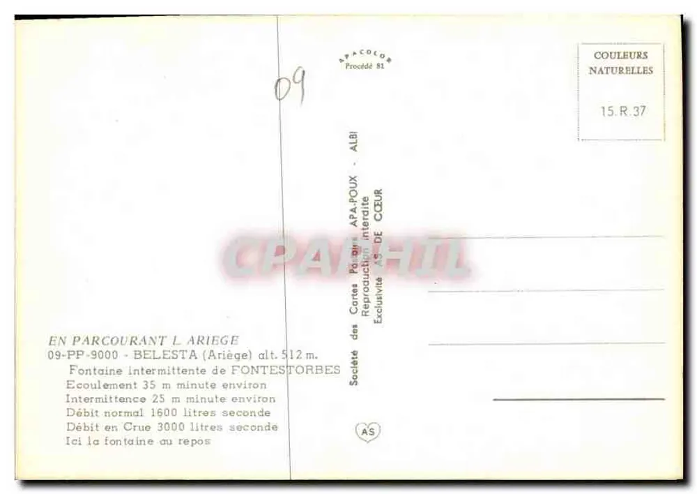 Fontaine intermitente de Fontestorbes — Ariège — Sociedade das Cartas Guarda-Chuva APA-POUX - Verso
