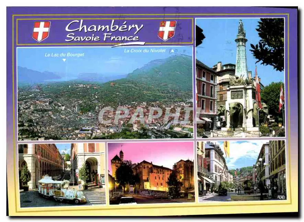 Chambéry Savoie França — panorama, lago Bourget, cruz do Nivolet, pequeno trem, praça St Léger - Frente